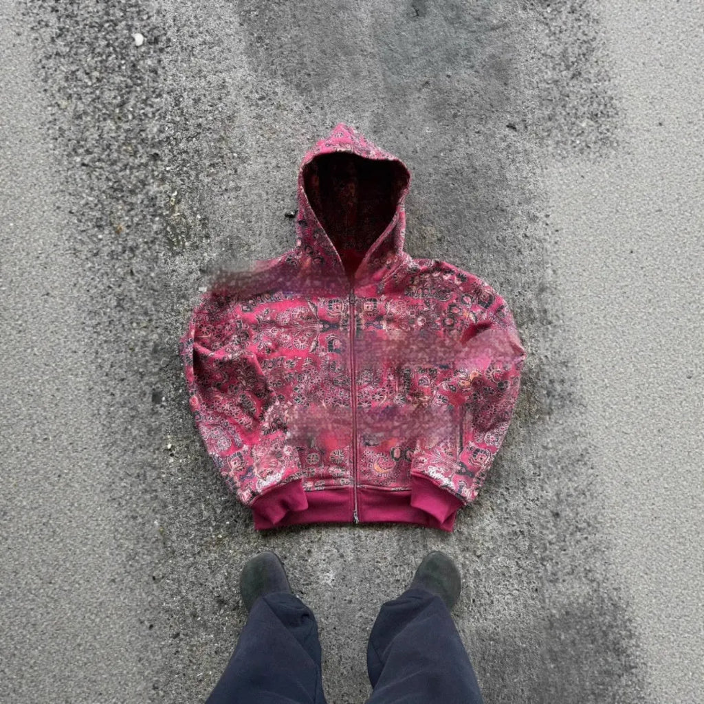 Men's loose fit hooded zip coat in red colour with polyester fabric for casual autumn wear