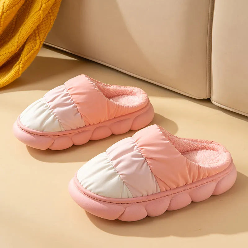 Gradient plush winter house slippers with waterproof cloth upper and anti-skid foaming sole, in pink purple green grey or dark blue.