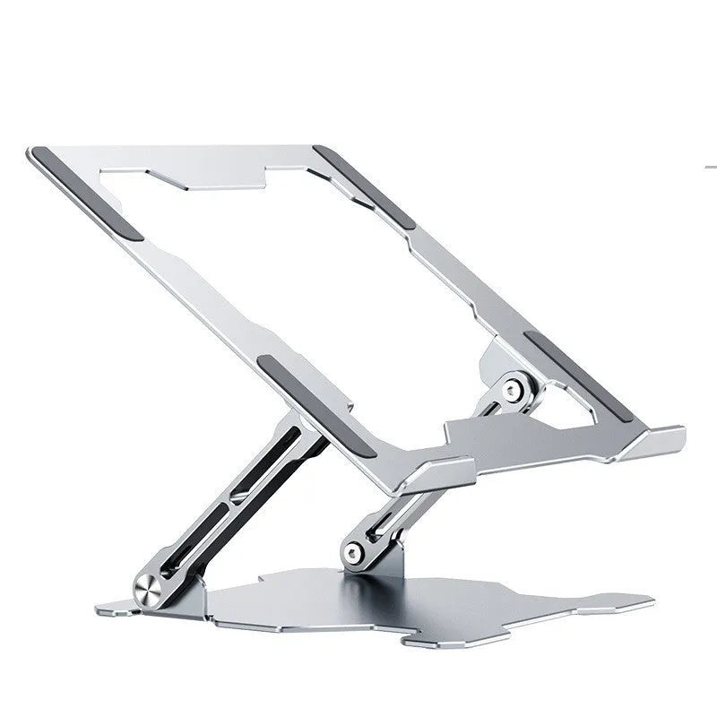 Grey adjustable aluminium laptop stand in folded and open positions on a desk.