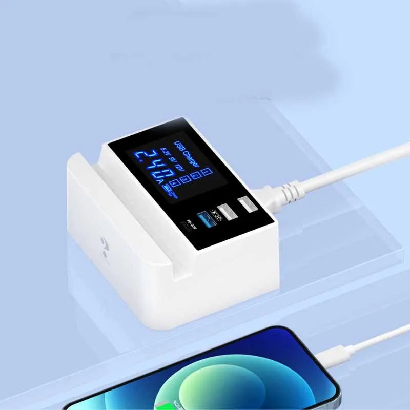 White USB multi-port charger for tablets and smartphones with EU UK US adapters, PC+ABS flame retardant material