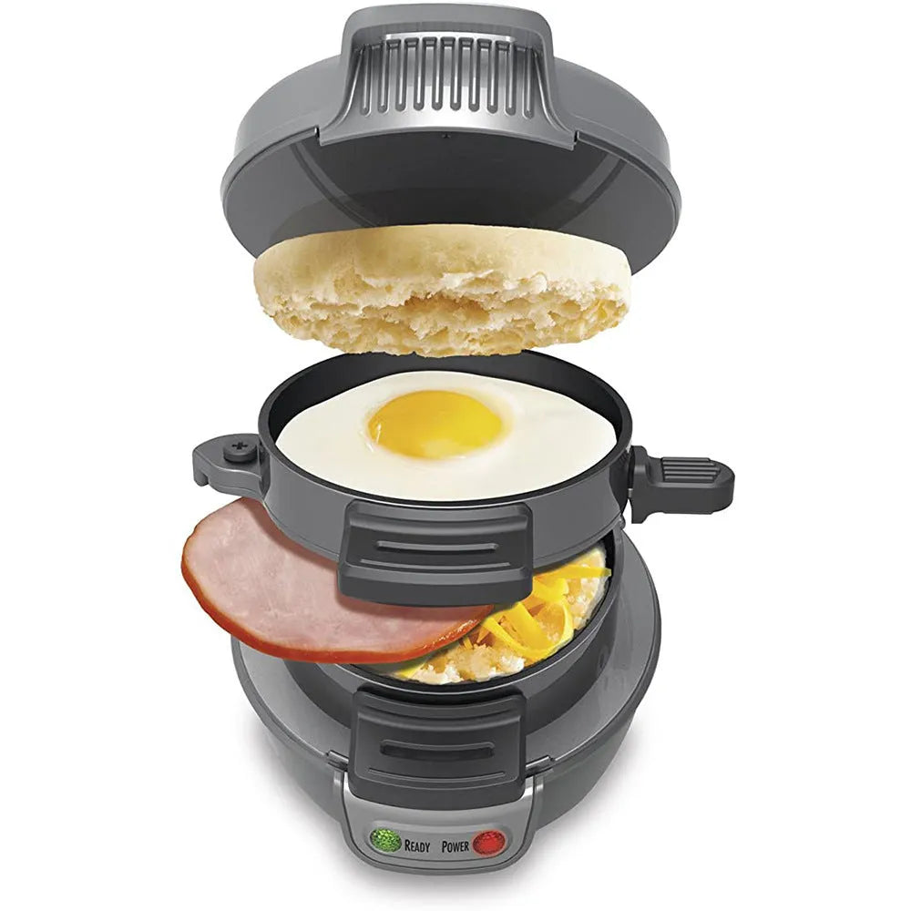 Bright red breakfast machine with sandwich maker and egg cooker ring on kitchen counter