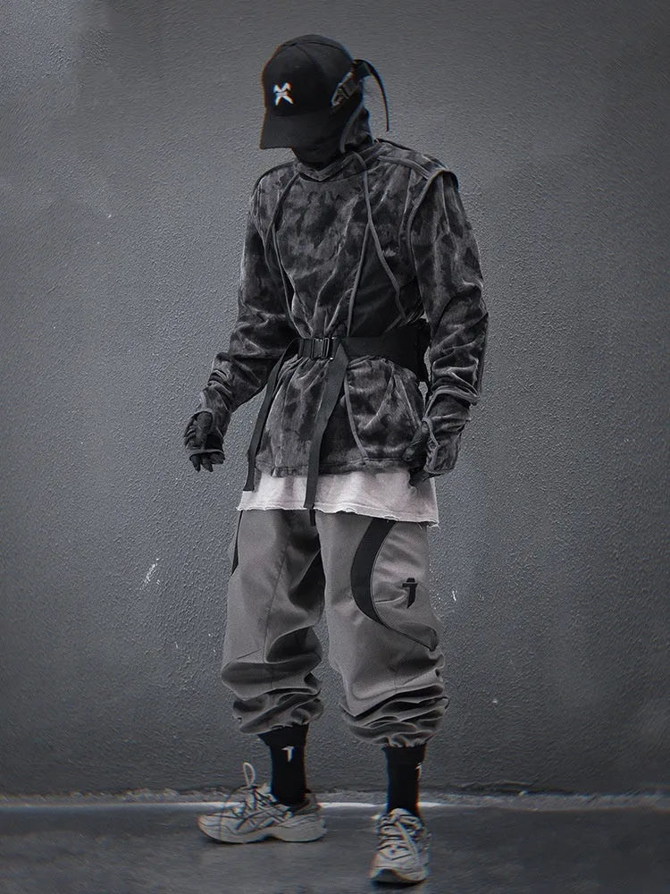 Men's black and gray tie dye print sweater with finger turtleneck and loose drop-shoulder sleeves.