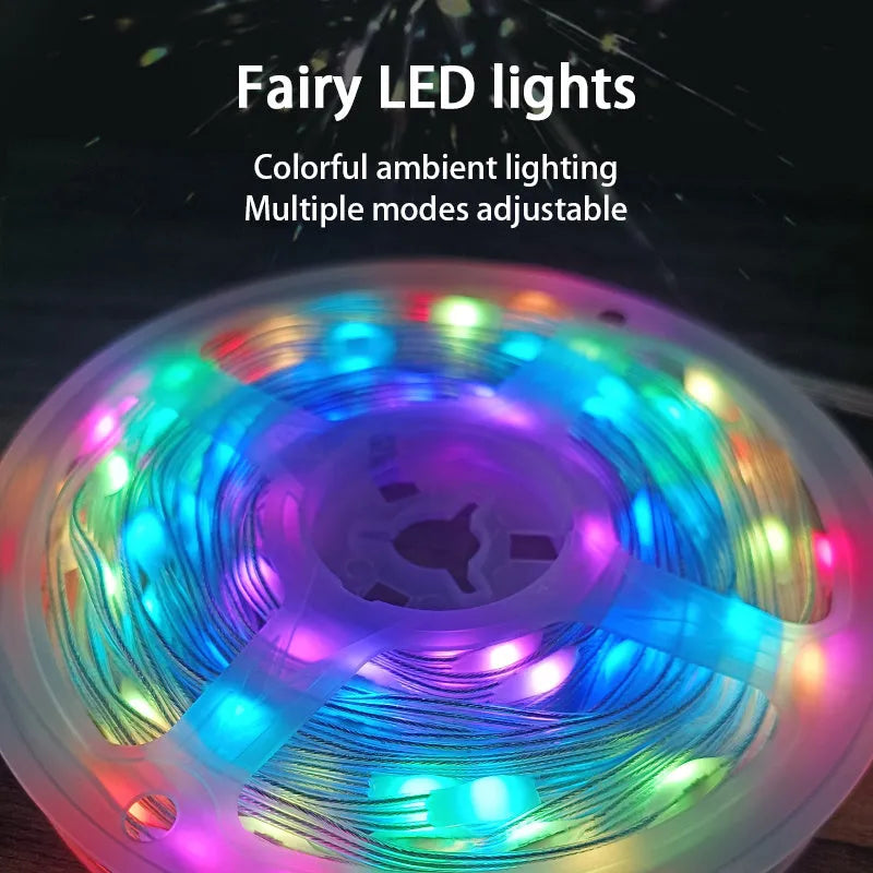 10 metre long LED light string with 100 multi-colour bulbs draped in decorative pattern