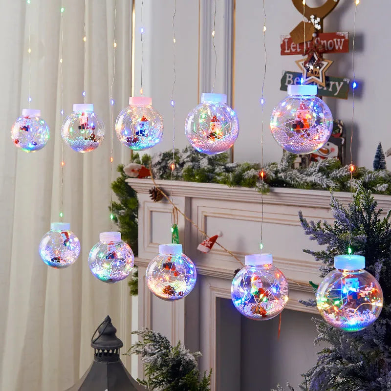 10-piece LED Christmas curtain light set with snowman and Christmas tree wishing ball designs for window decoration
