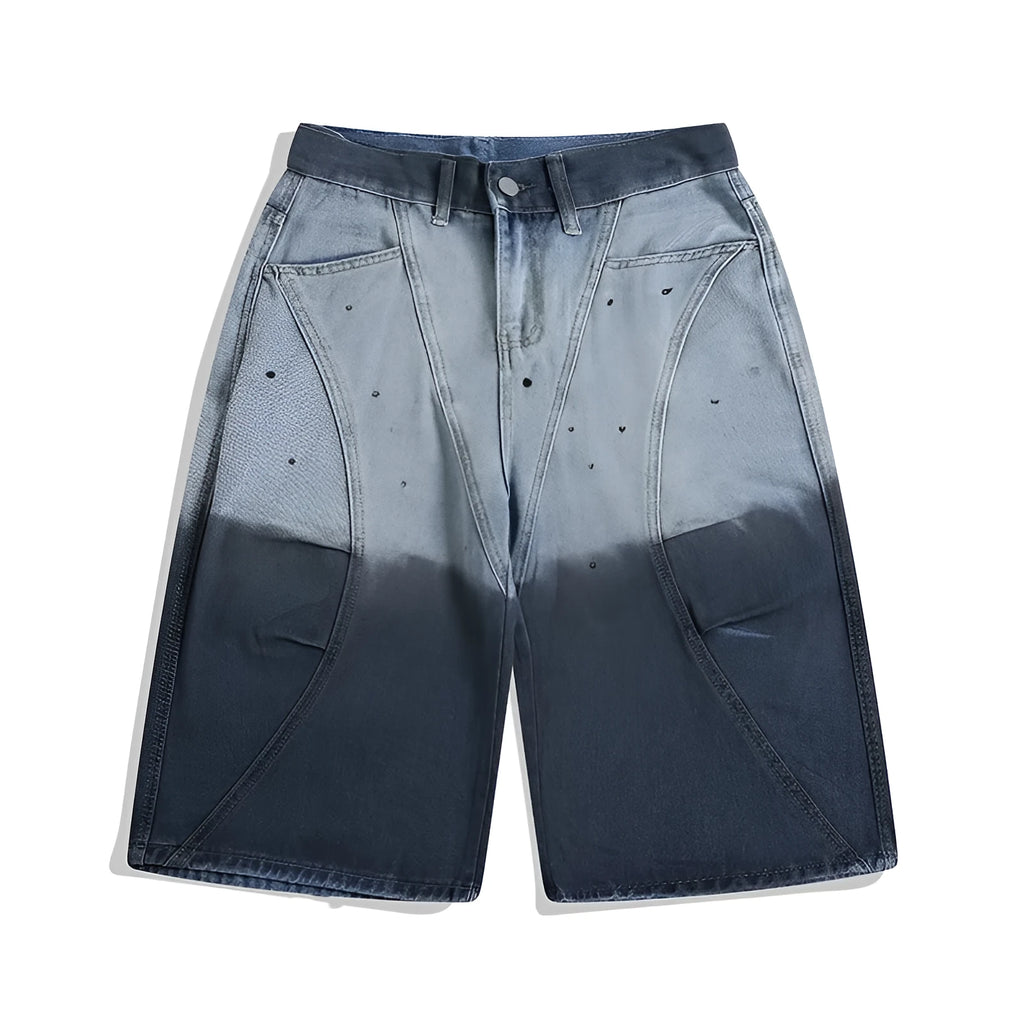Blue tie-dye gradient cropped jeans with washed-out finish and loose casual fit