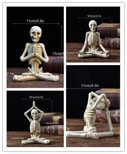 A detailed resin desktop ornament of a yoga-pose skeleton skull in black and white colour options.