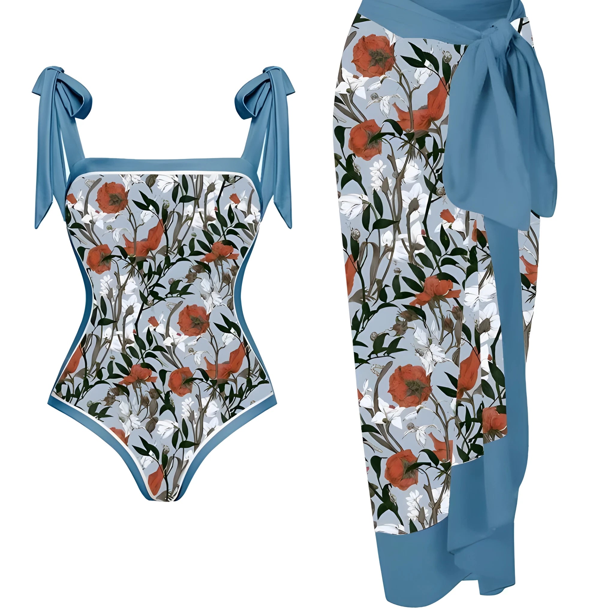 Women's printed floral chiffon swimsuit two-piece set with a matching skirt.