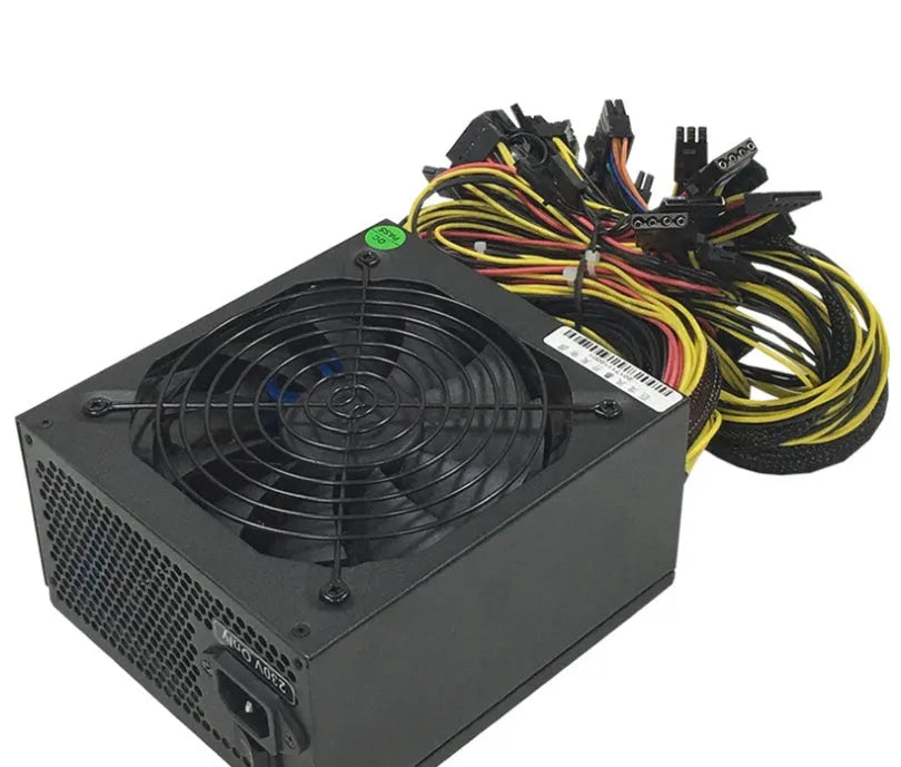 Black server power supply unit with cooling fan and multiple cable connectors