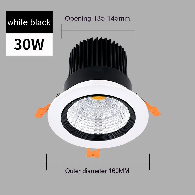 White aluminium embedded LED ceiling spotlight with anti-glare design showing three colour temperature options