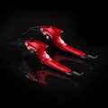 Pair of anodised metal motorcycle horn handles with adjustable reach mechanism in various colour options.