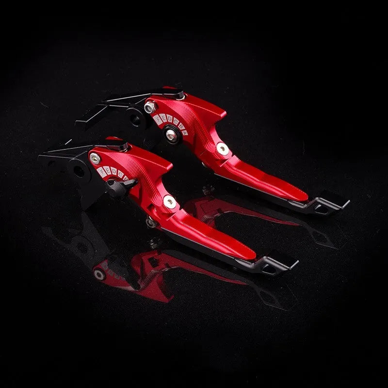 Pair of anodised metal motorcycle horn handles with adjustable reach mechanism in various colour options.