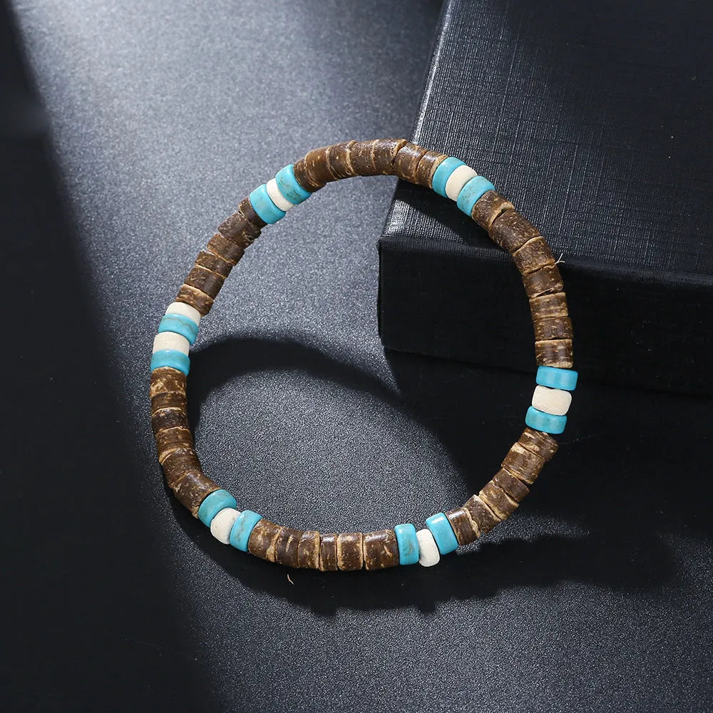 Hand-woven unisex wood bracelet with turquoise accents and totem pattern