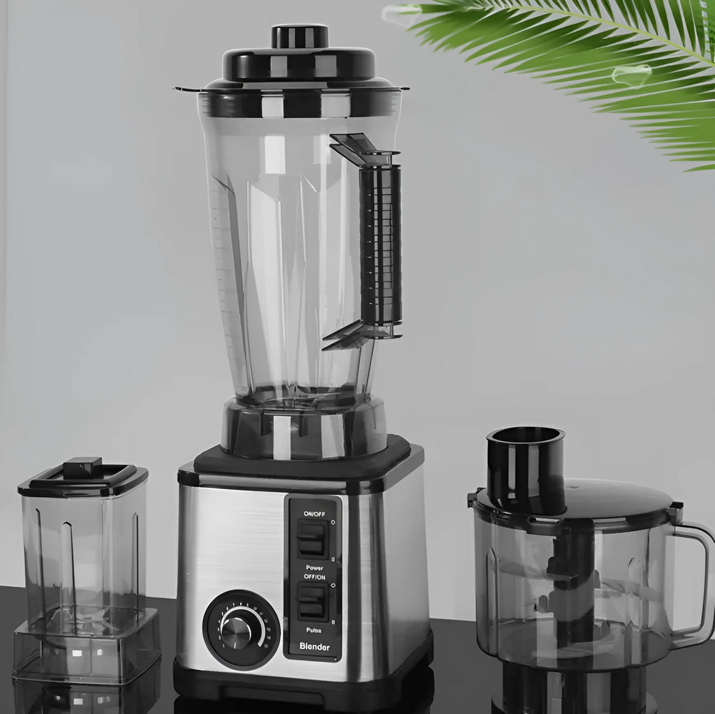 4L three-in-one grinding machine with juicer cup, minced meat cup, and grinding cup on a kitchen counter
