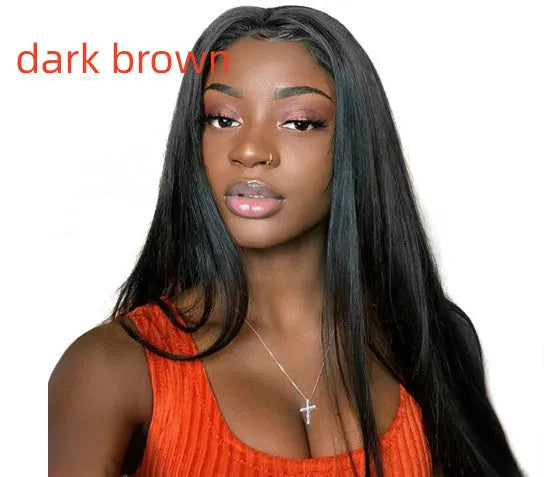 Long black straight synthetic wig with centre-parted bangs on a wig stand.