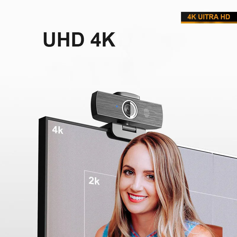Black USB web camera with magnetic privacy cover on a 1.7 metre cable for 4K video conferencing.