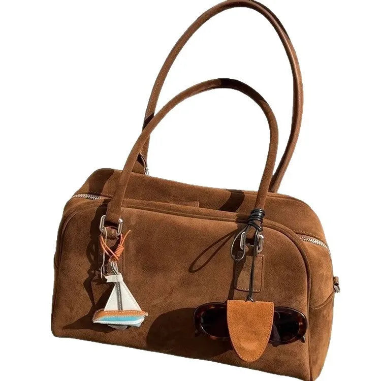 Brown suede large capacity underarm pillow bag with horizontal square shape and polyester lining