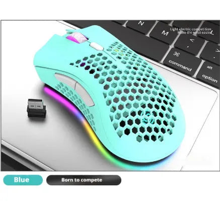 Hollow-out luminous wireless gaming mouse with charging in black, cyan, and white colours