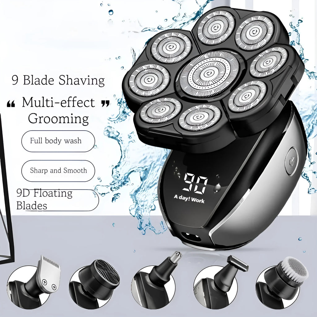Black 6-in-1 rechargeable haircut suit with hair clipper, shaver, trimmer attachments, USB cable, and guide combs.
