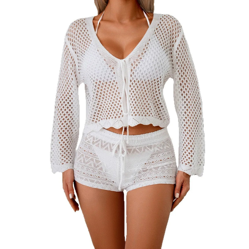Women's apricot hollow woven cardigan blouse with bell sleeves, shown front view.