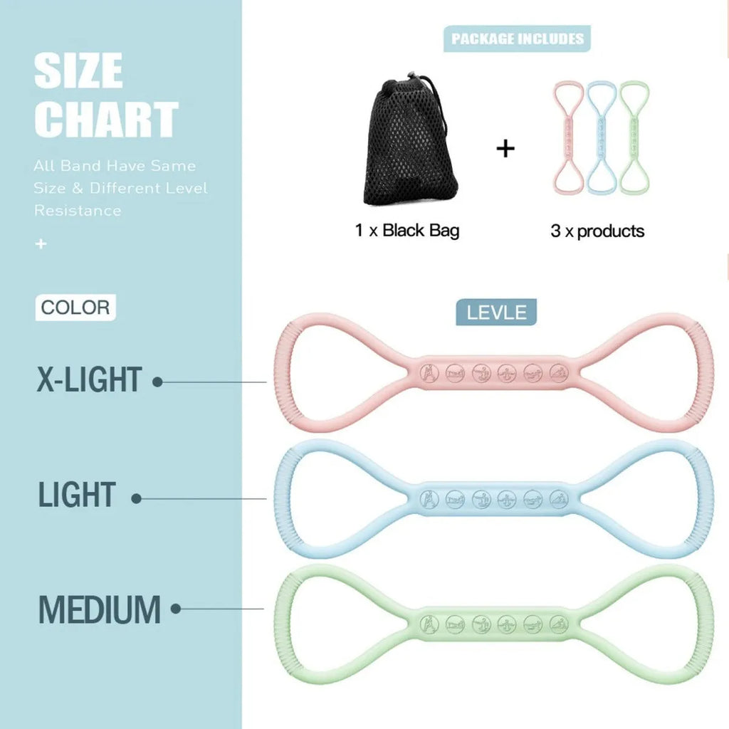 Set of three silicone mini resistance bands in light blue, purple, and pink on a white background