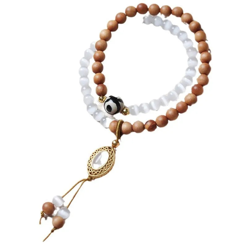 Sandalwood opal double ring bracelet with Tibetan beads and polished mixed-material finish