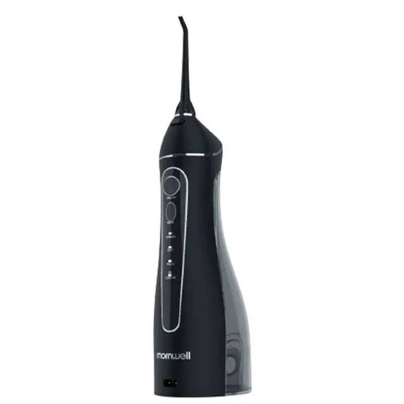 Black portable oral irrigator with water tank and nozzle for dental cleaning