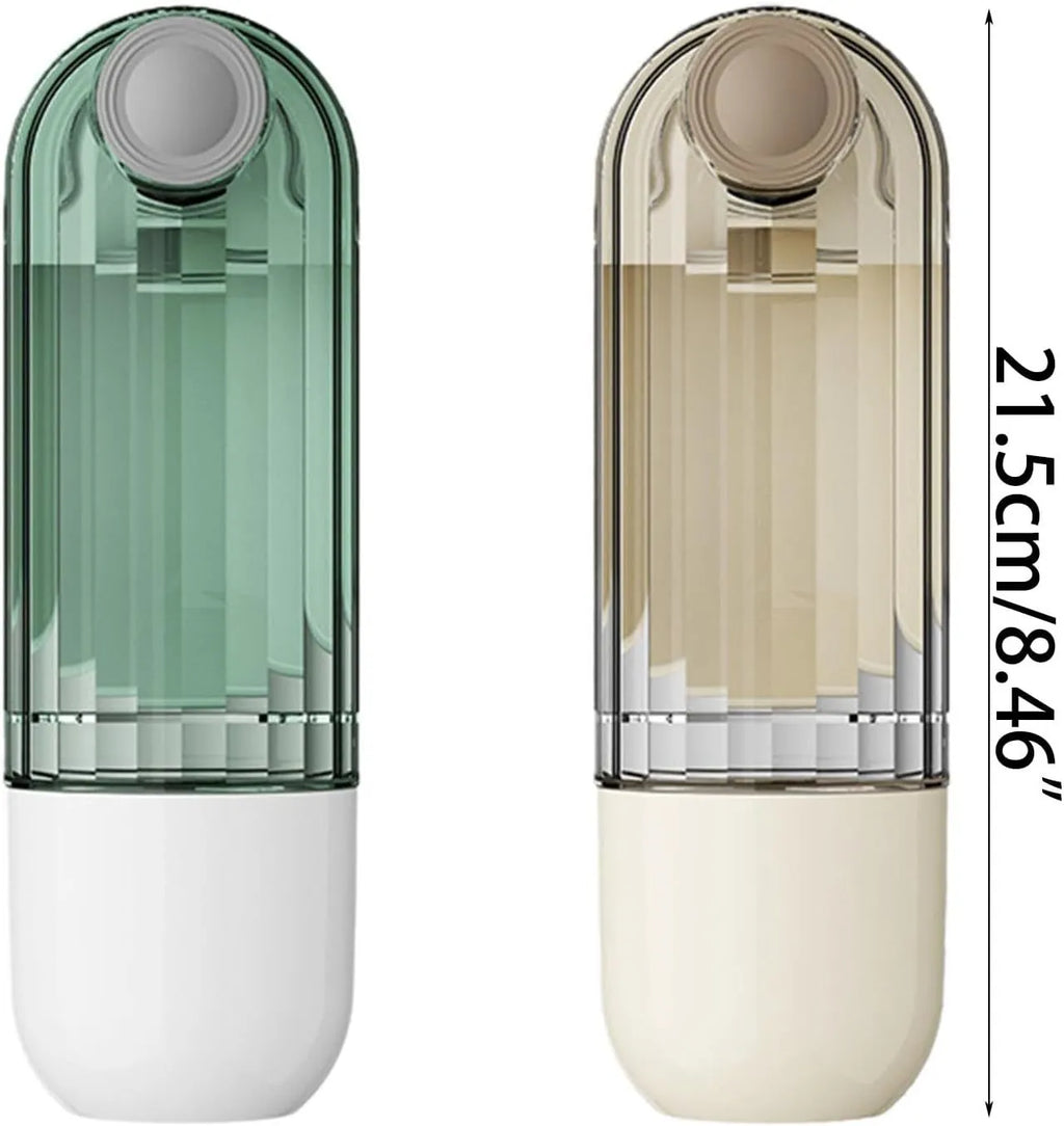 Beige and green foldable dog water bottle with food container, showing dimensions.