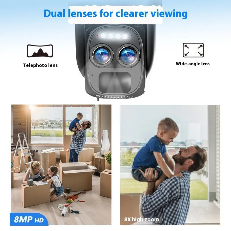 Solar-powered outdoor security camera with 8x zoom lens and integrated solar panel