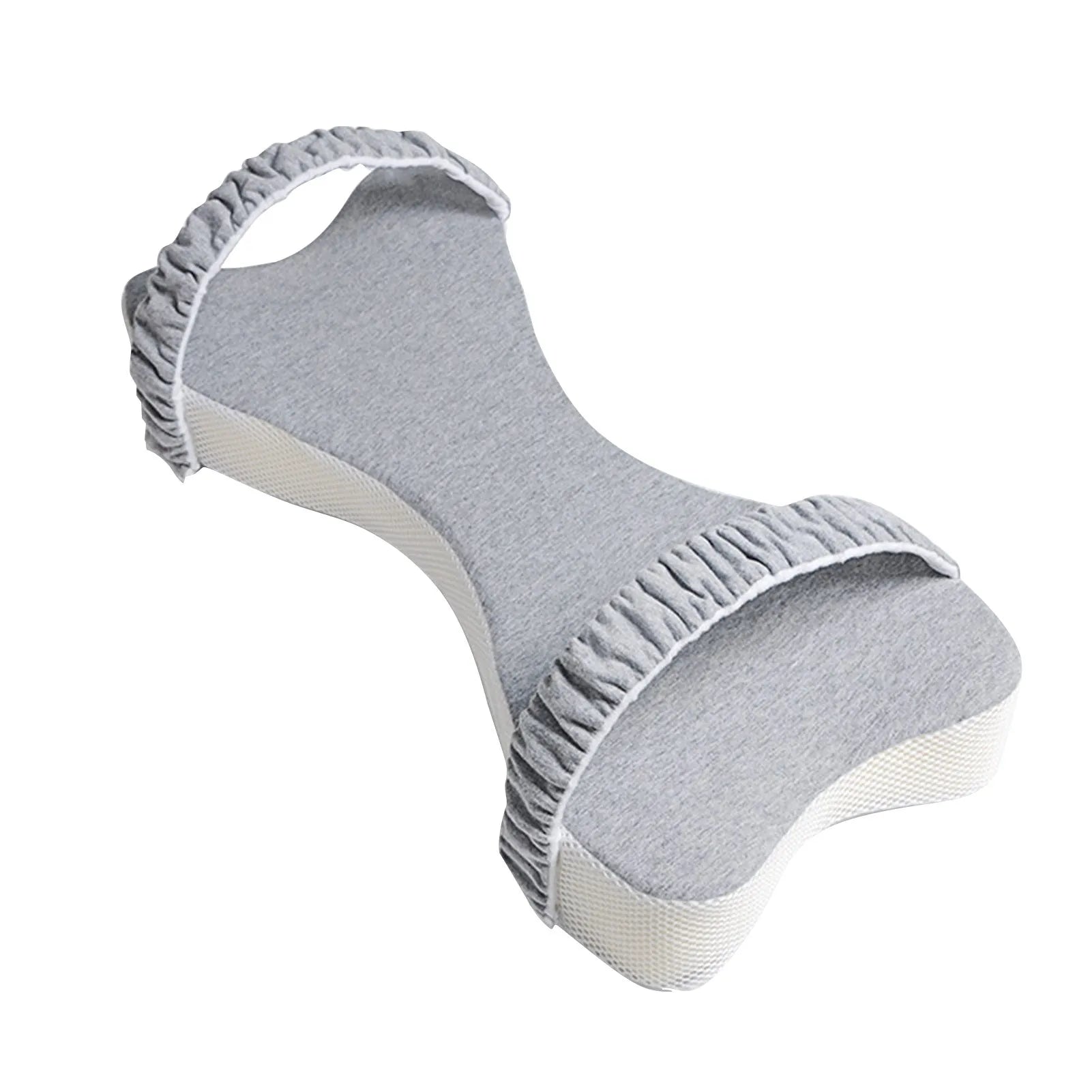 Memory cotton side sleeping knee pillow in light grey on a bed, 70x37x9cm with adjustable core height