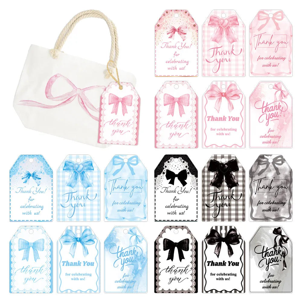 60-piece set of birthday party gift label tags with bowknot designs and natural hemp rope.