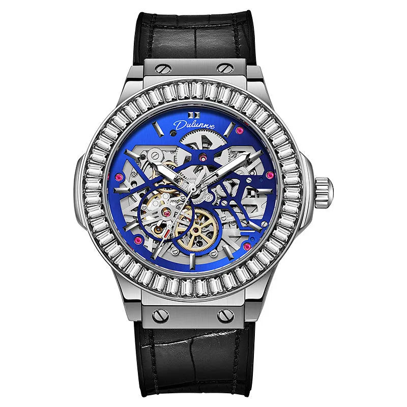 Automatic mechanical men's watch with hollow movement, diamond studding, and white shell case