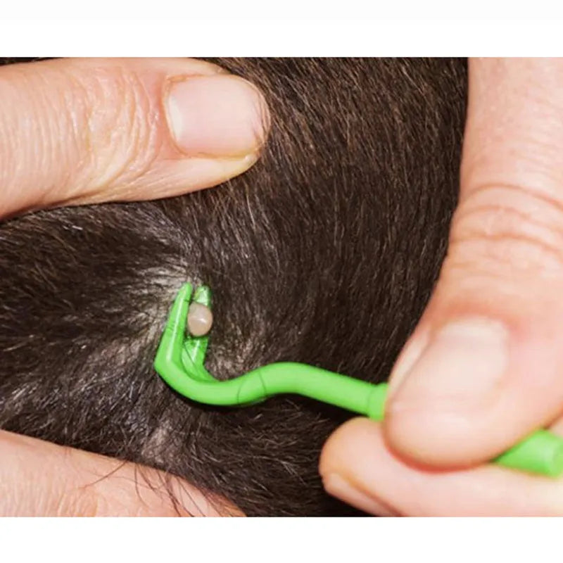 Set of three blue plastic tick removal hook tools for dogs and cats on a white background.