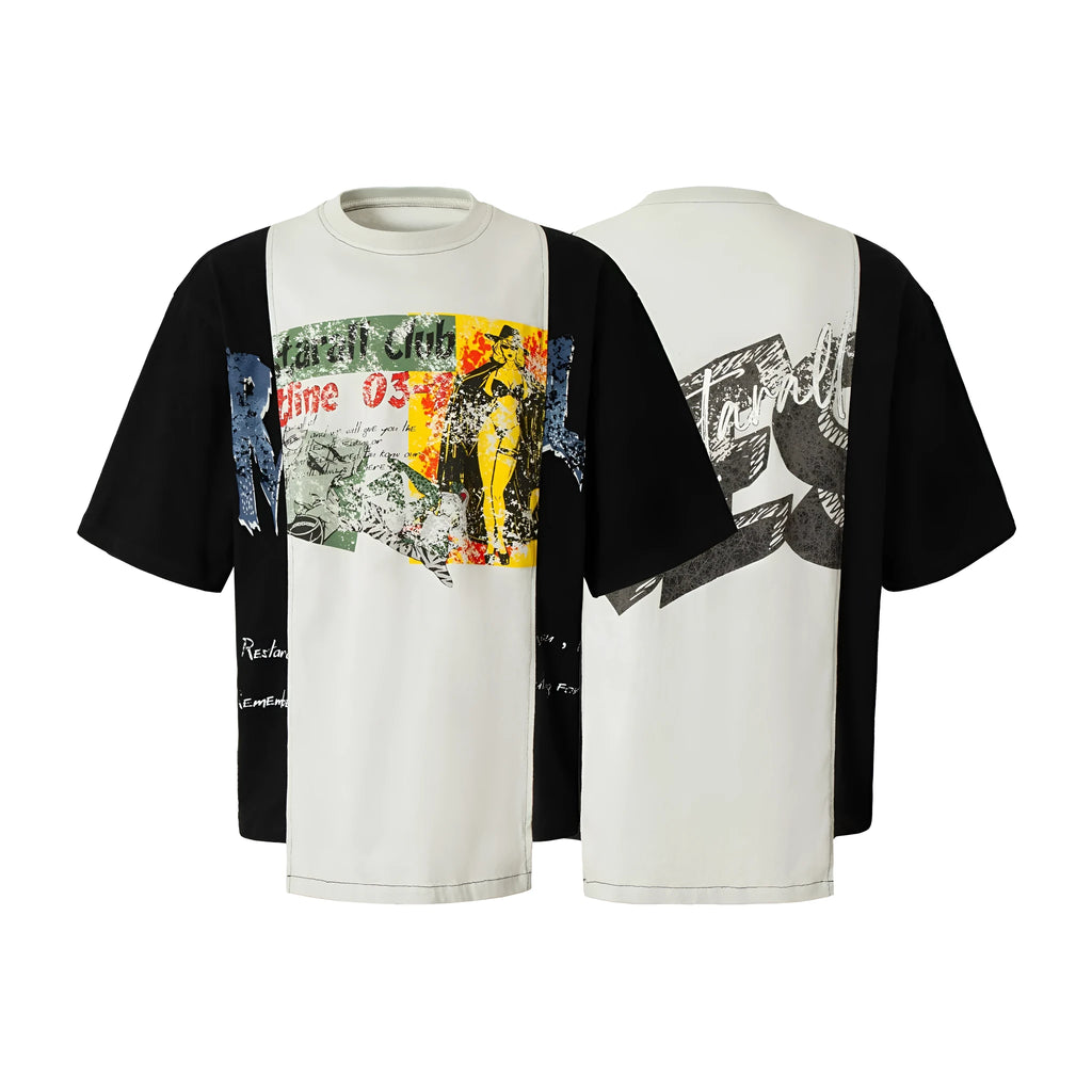 Black and white deconstruction print cotton blend t-shirt with loose streetwear fit
