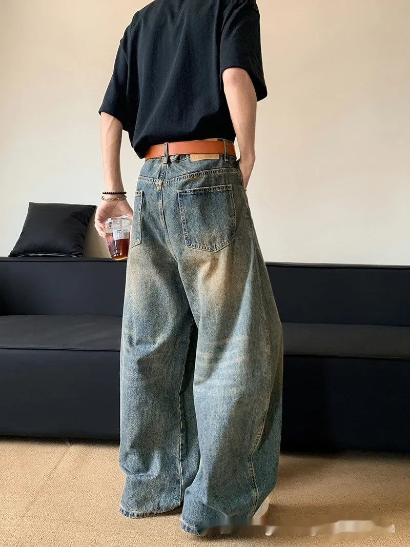 Men's retro blue distressed denim wide-leg trousers with micro elastic cotton blend fabric