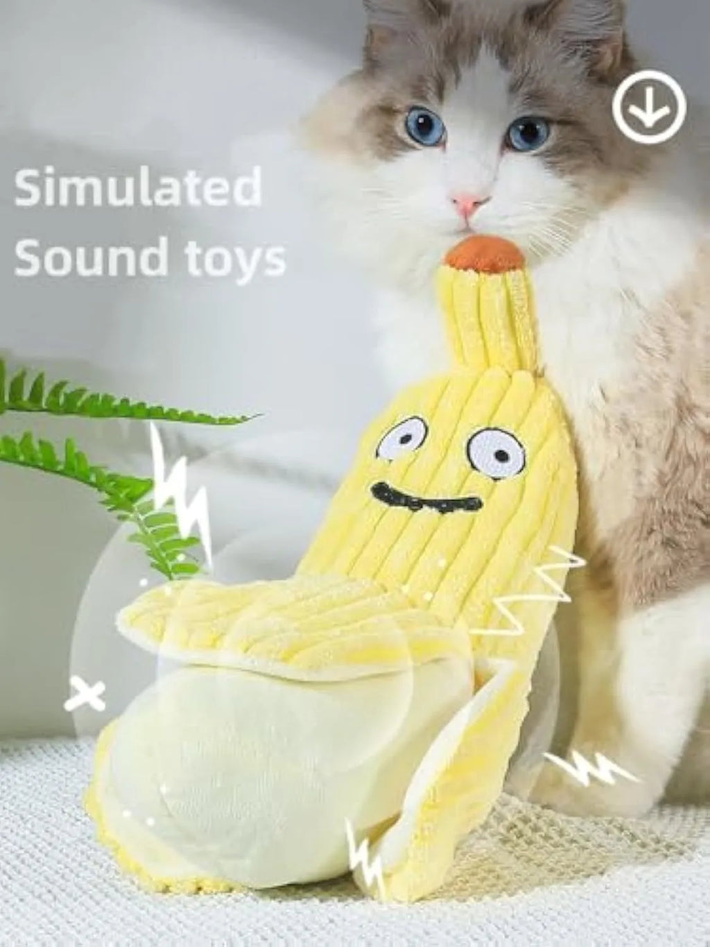 Yellow banana-shaped cat toy with crinkle paper and plush fabric for chewing and kicking