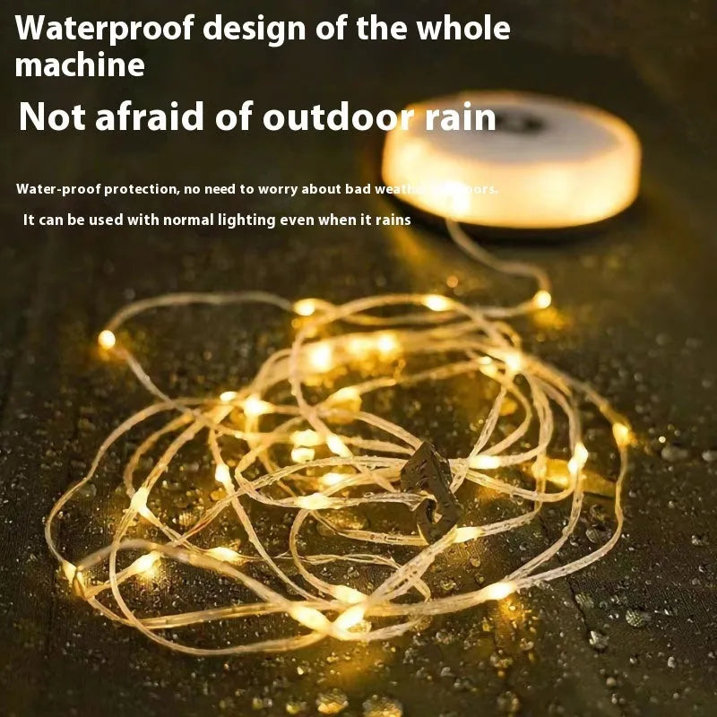 Rechargeable outdoor tent string lights in warm white and colourful LED options on an 8-metre cord