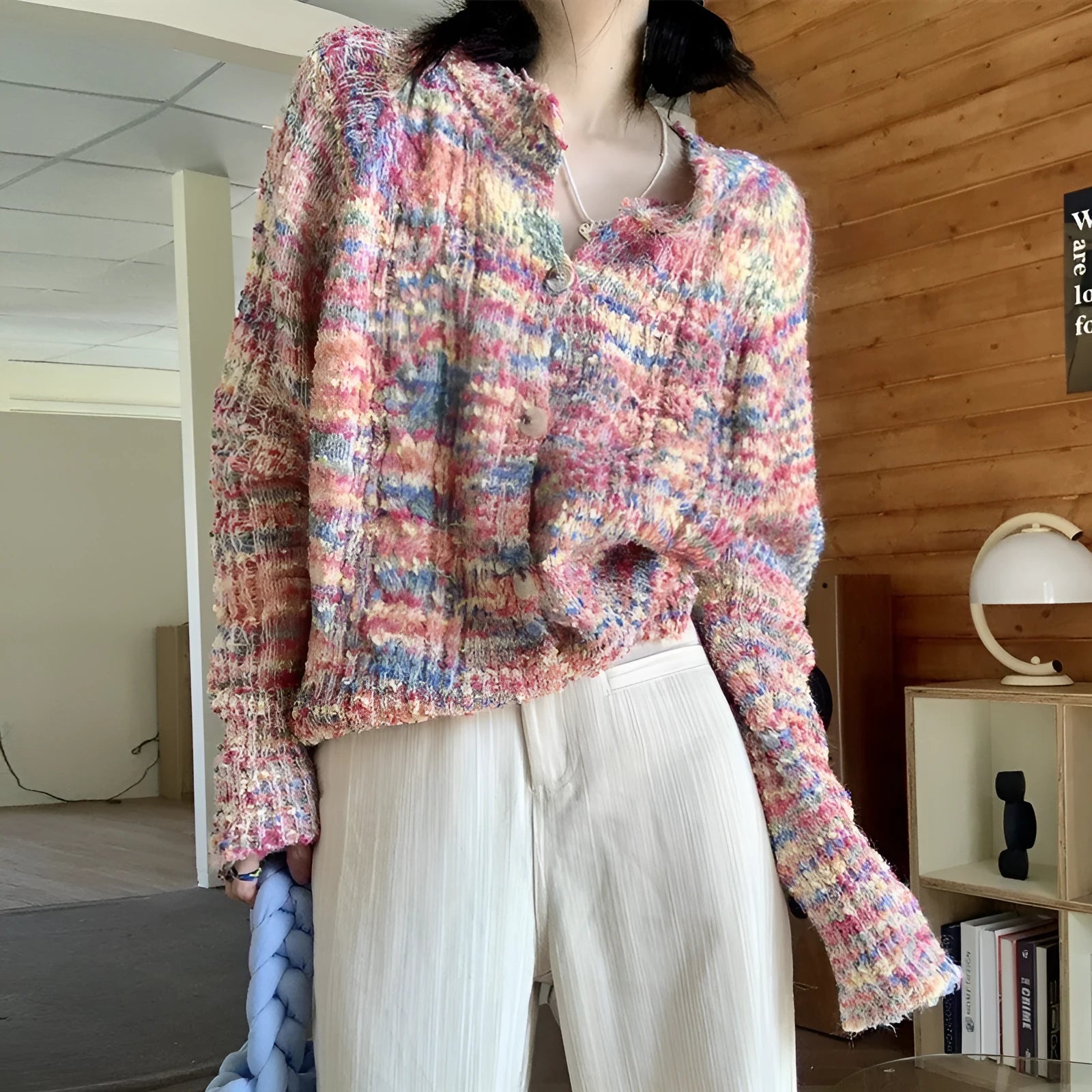 Pink or green retro-style rainbow patterned knitted cardigan on a model.