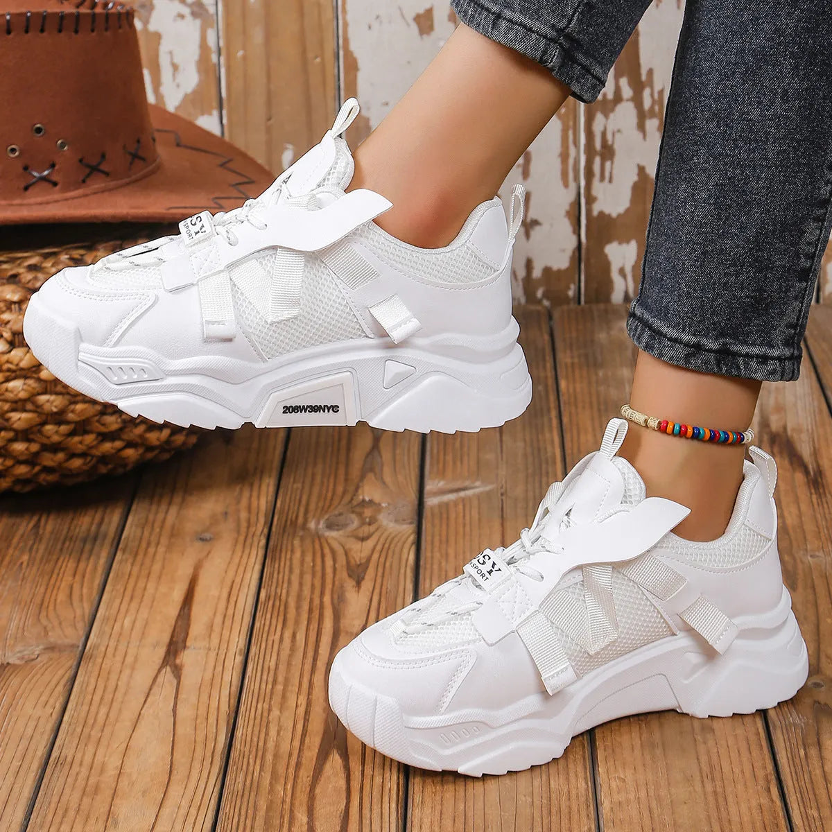 Women's purple platform mesh sports shoes with animal pattern detail and front lace-up closure