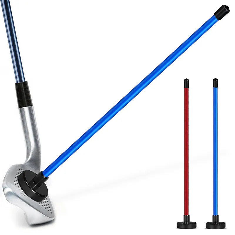 Red aluminium alloy magnetic golf alignment trainer bar on a putting green.