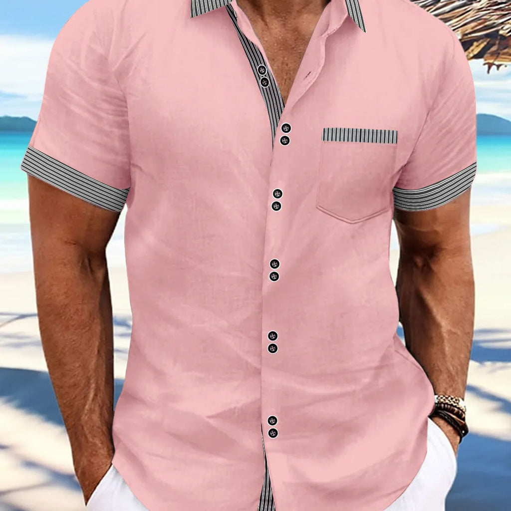 Man wearing a striped slim fit pure cotton short sleeve casual shirt with a double button placket