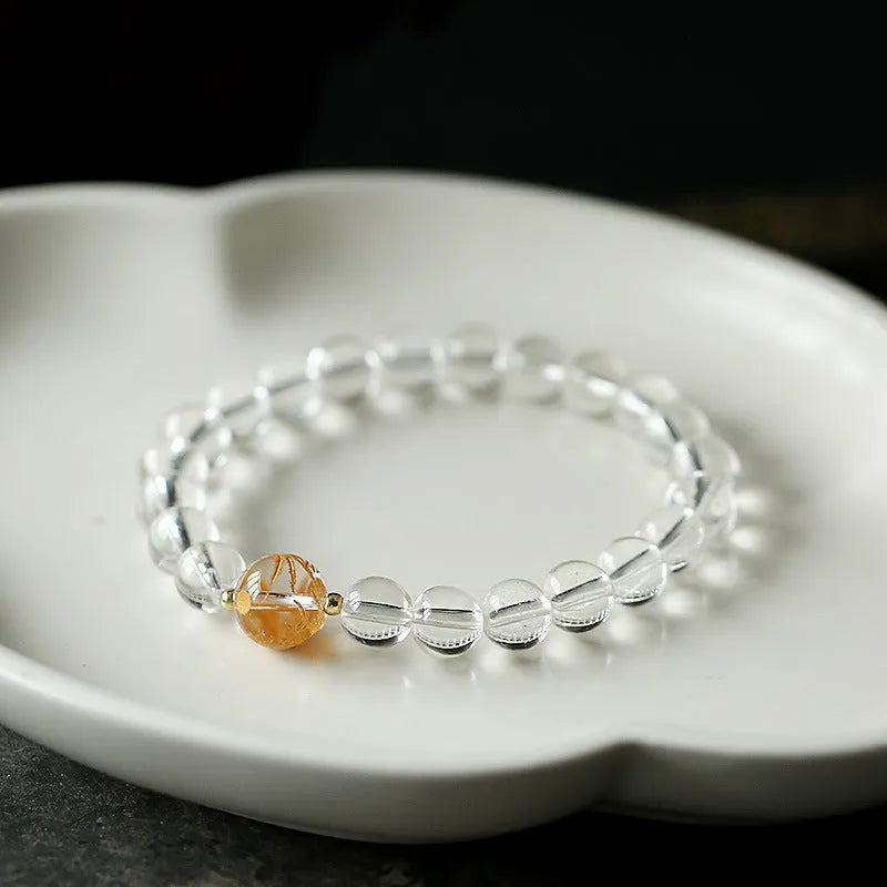 Geometric obsidian white crystal bracelet with black agate beads for 14-16cm wrists