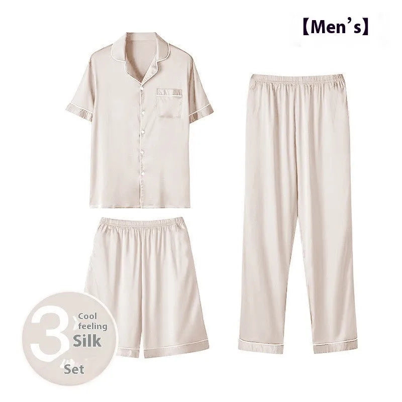 Men's ice silk three-piece home wear set showing trousers, shorts, and top in one of seven available colours.