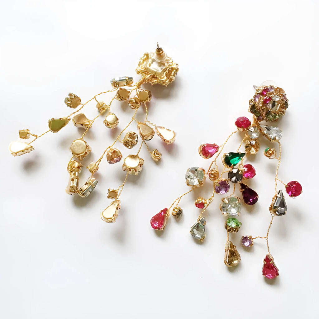 Colourful rhinestone flower stud earrings with retro and Thai silver style