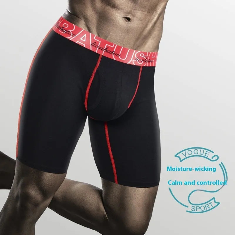 Men's cotton extended leg anti-friction boxers in black, front view