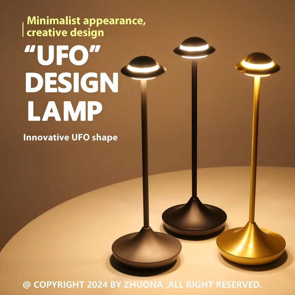 Black UFO-shaped metal desk lamp with touch dimming and three colour light modes