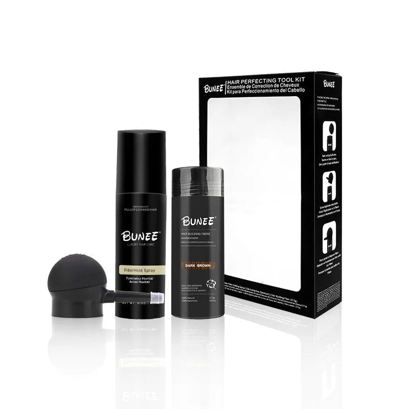 Dense hair fibre powder 275g canister with application nozzle and shaping spray bottle kit.