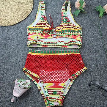 Women's checkered cross strap bikini set with high-waisted shorts