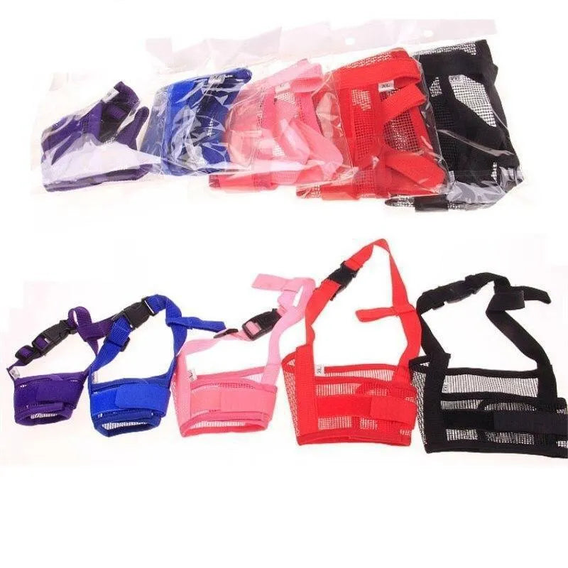 Adjustable plastic dog safety muzzle shown in multiple colours with size chart for S, M, L, XL, XXL.