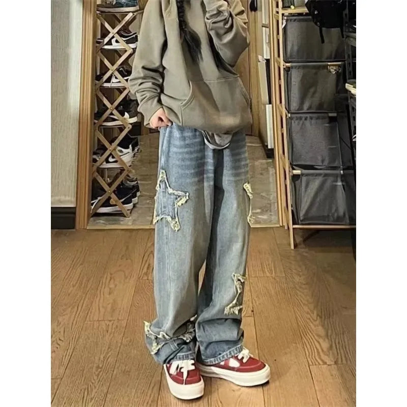 Blue high-waist wide-leg denim jeans showing straight cut design on mannequin