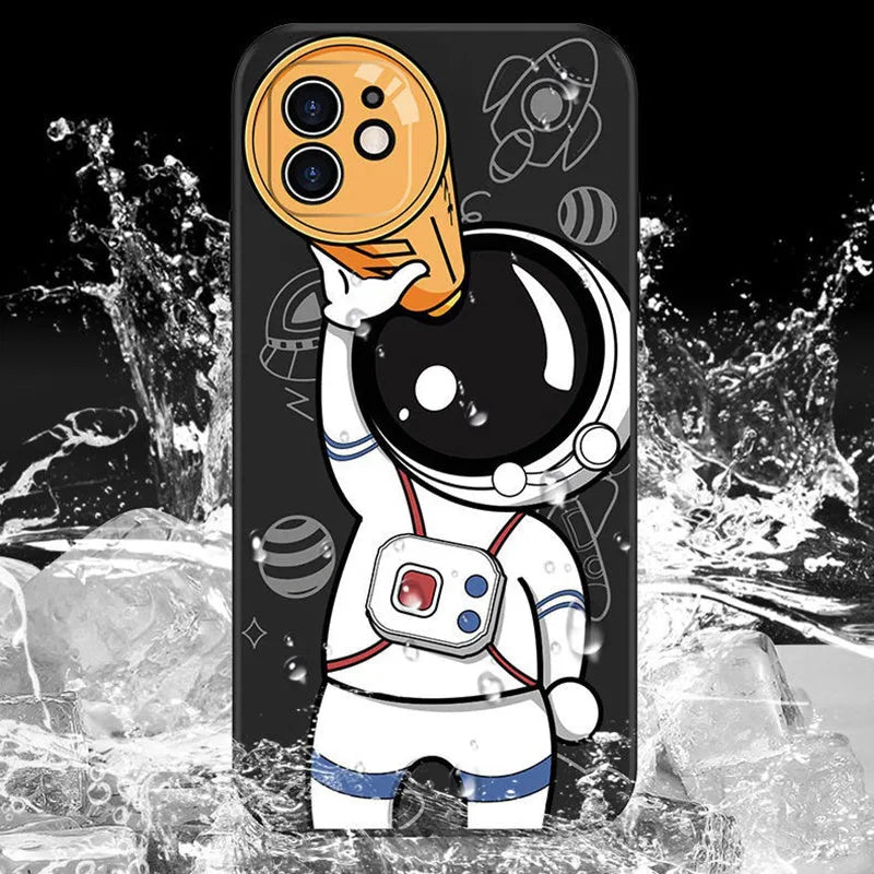 Cartoon astronaut silicone phone case for iPhone in black, khaki, or blue with telescope design